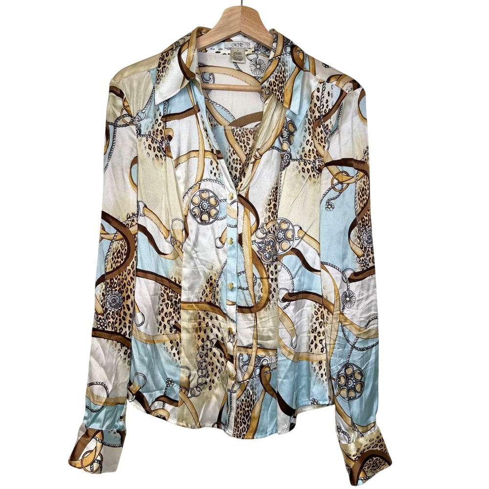 Cache Silk Chain Leopard Scarf Print Button Down Shirt 8 Equestrian Preppy Lux